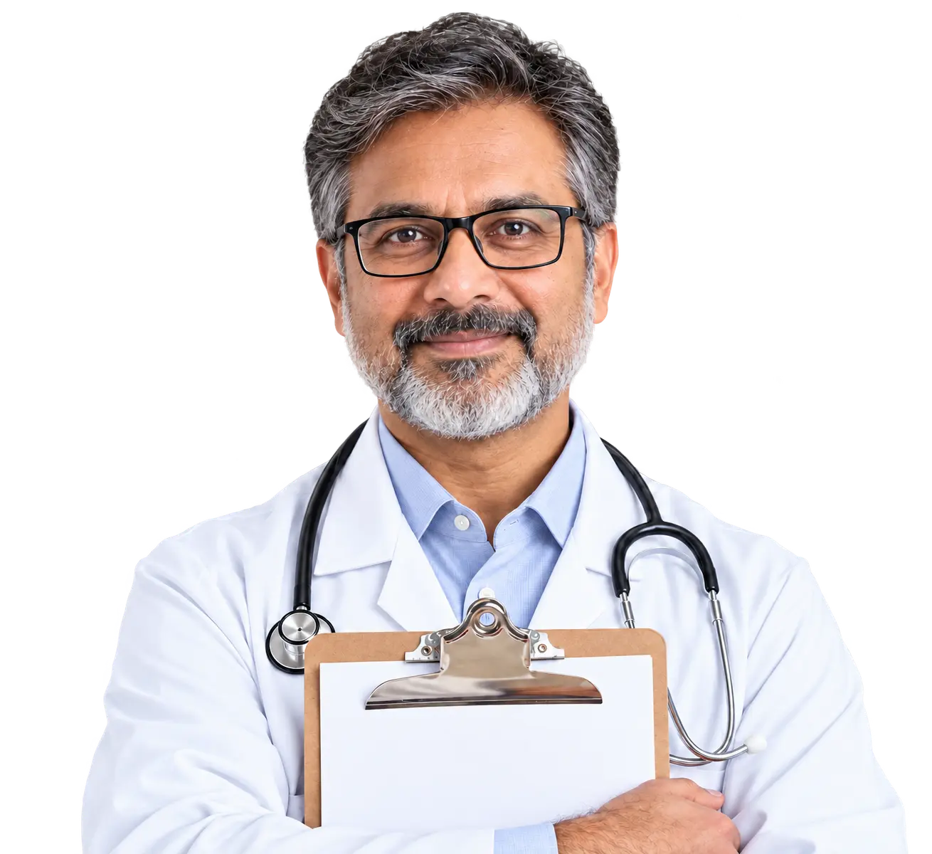 Middle-aged Indian doctor after hours wearing black-framed glasses, a white coat and stethoscope while holding a clipboard.
