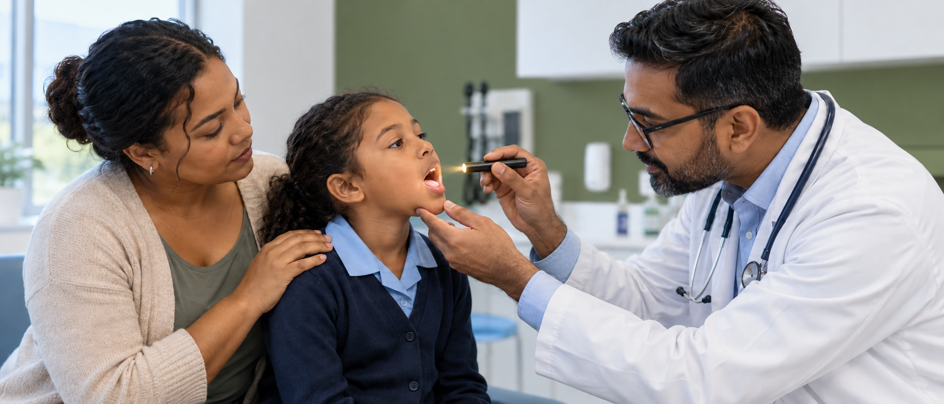 Doctor for flu examining a child’s sore throat while her mother provides support.