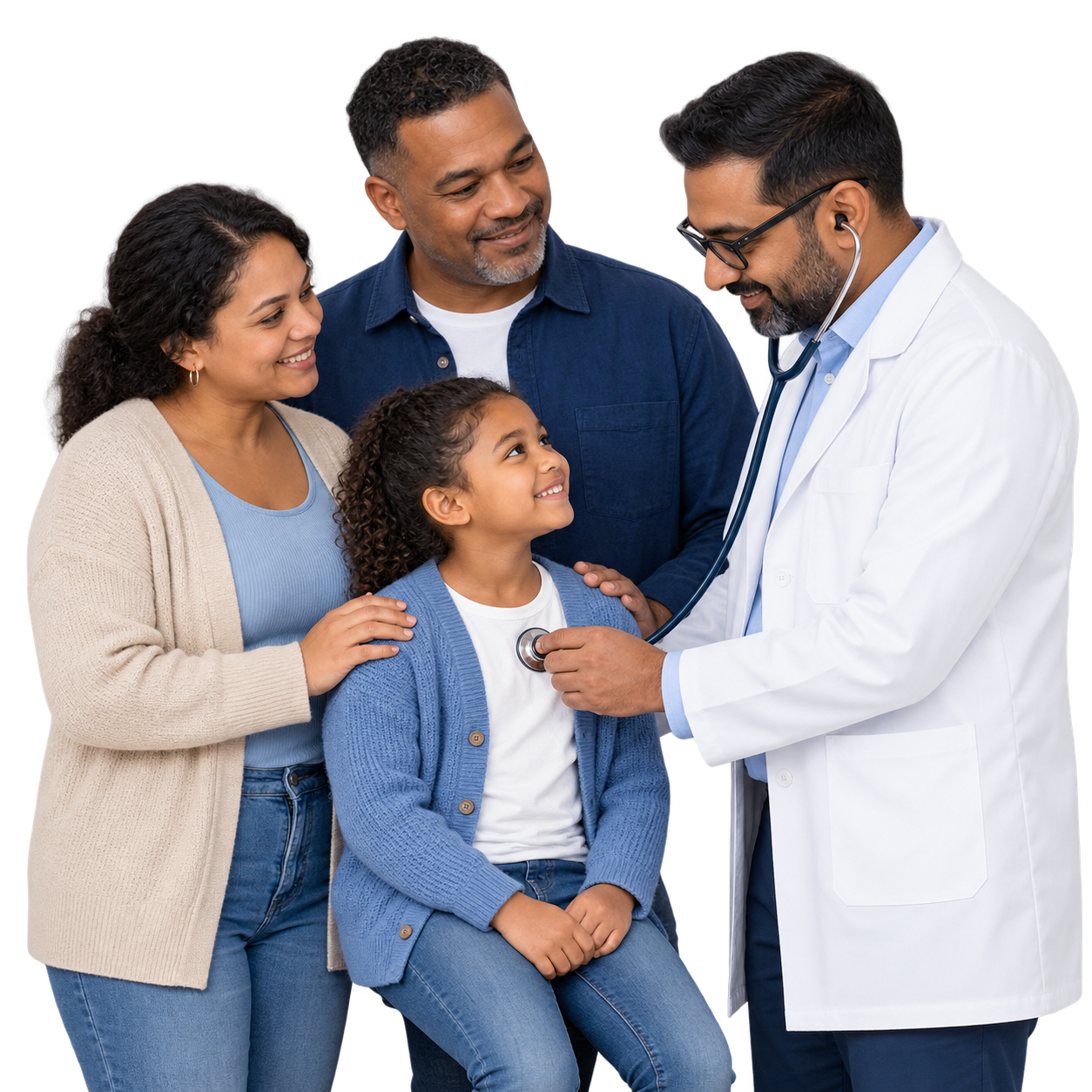 Doctor for flu examining a child with a stethoscope during a family GP consultation.