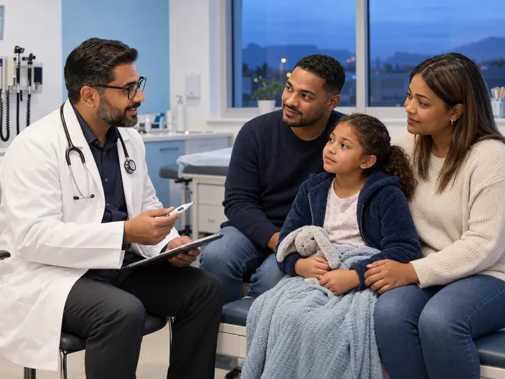 Doctor for flu consulting a family with a sick child at an after-hours GP practice.