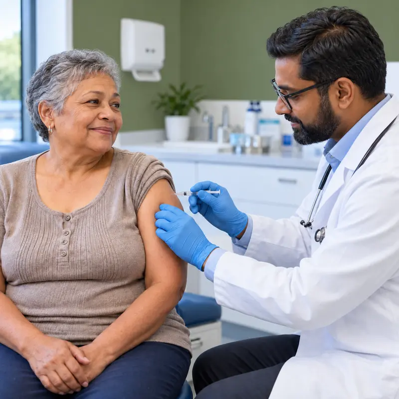 octor for flu administering an influenza vaccination to an older patient.