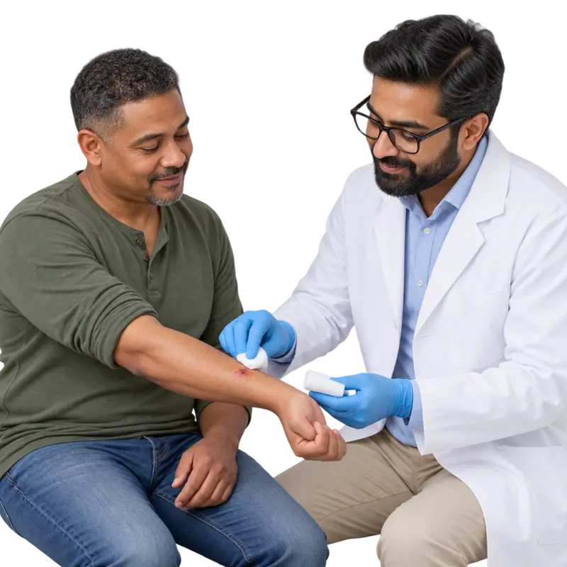 Wound care doctor cleaning and dressing an adult patient’s minor forearm injury.