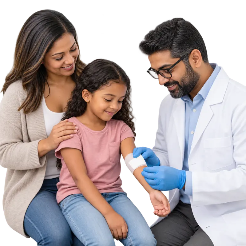 Wound care doctor applying a clean dressing to a child’s arm while her mother provides support.